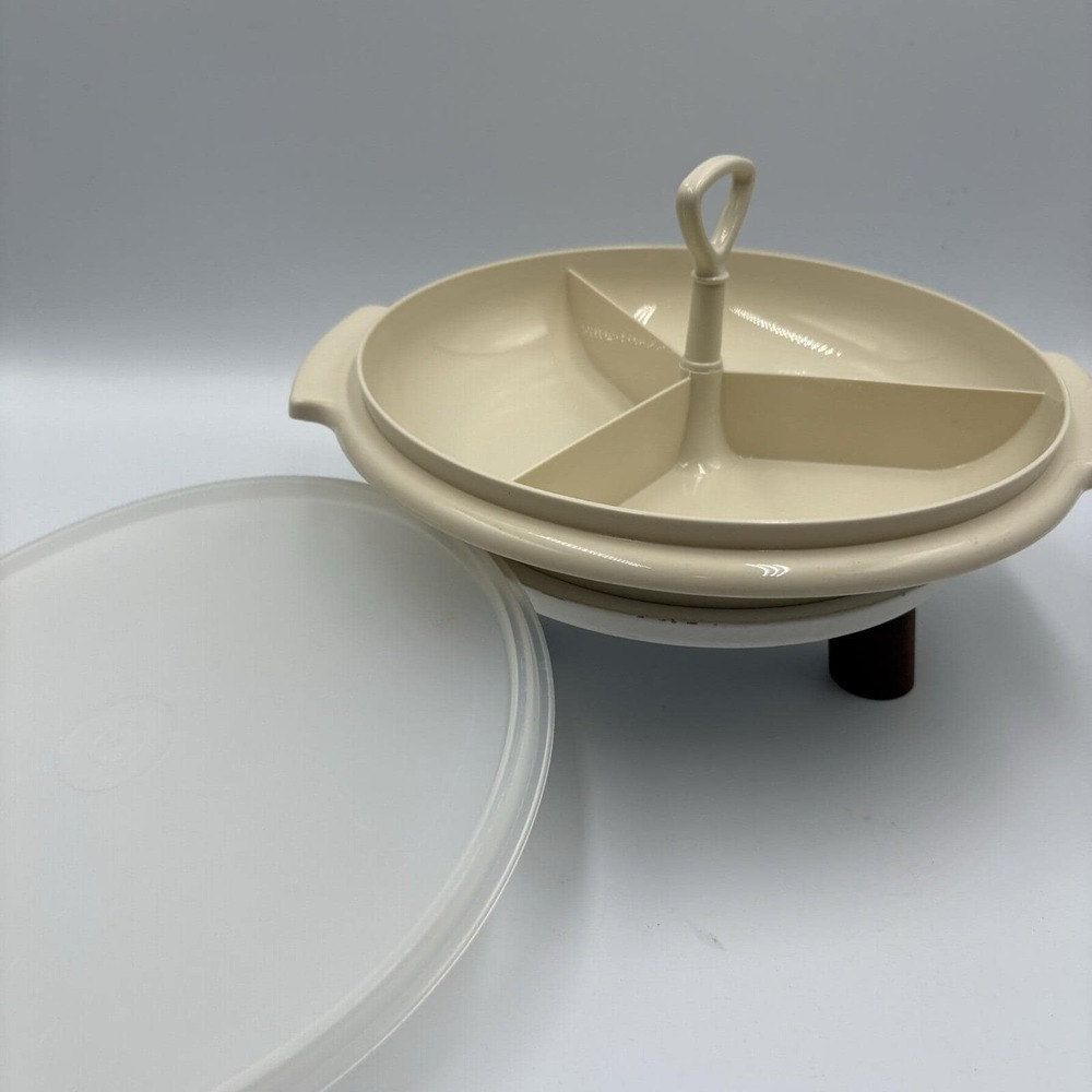 Vintage Tupperware Suzette Divided Plate 608-4 & Lid 229-17 With Handle Tan